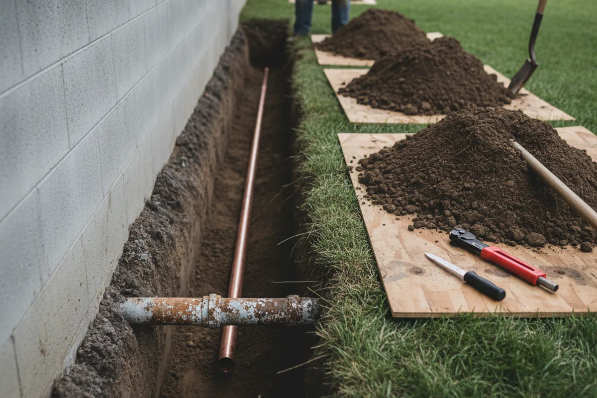 Excavated water line trench during Sewer Line Repair in Marthasville